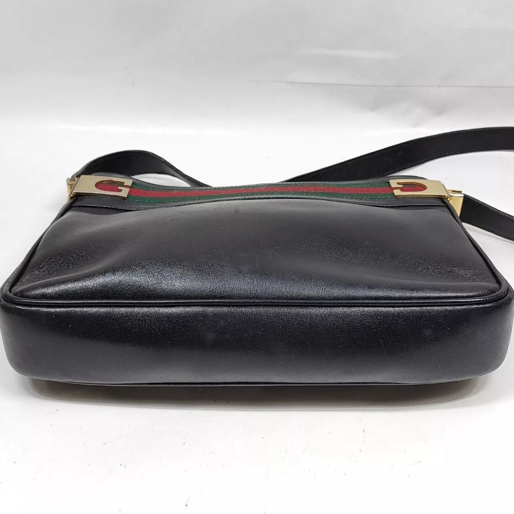 Auth Old Vintage Gucci Black Polished Leather Sherry Line Web Shoulder Bag - Picture 5 of 9